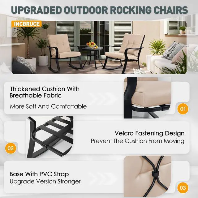 Alt view image 3 of 6 - 3 Piece Patio Bistro Set Outdoor Rocking Chairs Set, Porch Patio Conversation Chairs Set of 2 with Glass-Top Coffee Table (Brown Thickened Cushion)