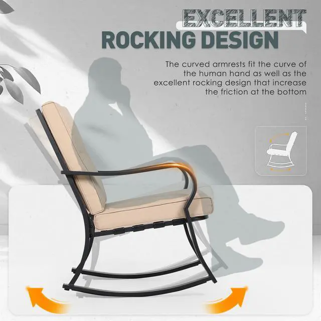 Alt view image 5 of 6 - 3 Piece Patio Bistro Set Outdoor Rocking Chairs Set, Porch Patio Conversation Chairs Set of 2 with Glass-Top Coffee Table (Brown Thickened Cushion)