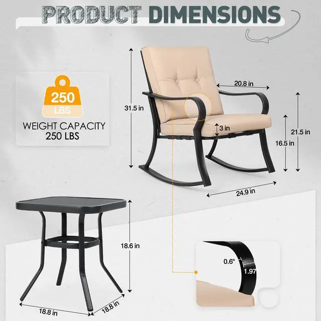 Alt view image 6 of 6 - 3 Piece Patio Bistro Set Outdoor Rocking Chairs Set, Porch Patio Conversation Chairs Set of 2 with Glass-Top Coffee Table (Brown Thickened Cushion)