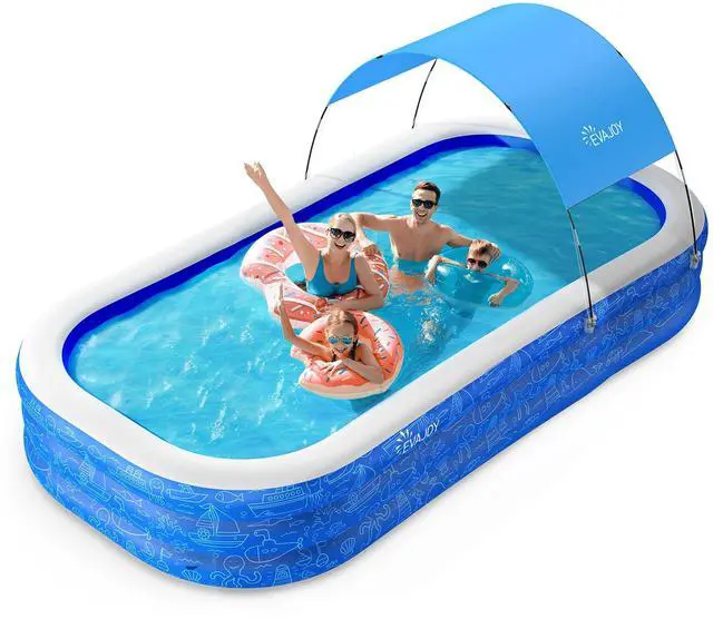 Main image of Large Inflatable Swimming Pool with Canopy, 150 x 70 x 20 Full-Sized Inflatable Pool for Kids & Adults, Kiddie Pool with Sun Shade, Blow Up Pool for Backyard, Garden, Age 3+, Blue