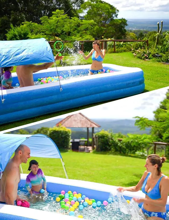 Alt view image 2 of 6 - Large Inflatable Swimming Pool with Canopy, 150 x 70 x 20 Full-Sized Inflatable Pool for Kids & Adults, Kiddie Pool with Sun Shade, Blow Up Pool for Backyard, Garden, Age 3+, Blue