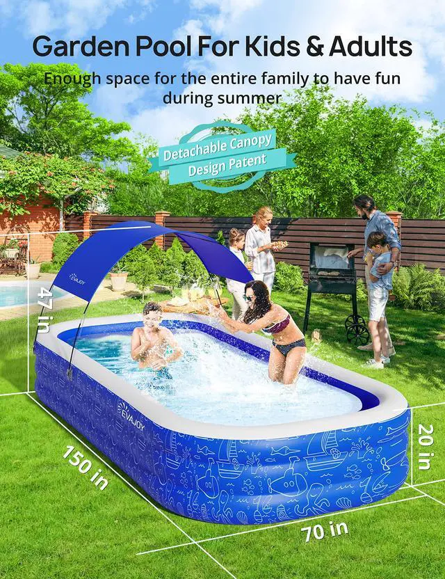 Alt view image 3 of 6 - Large Inflatable Swimming Pool with Canopy, 150 x 70 x 20 Full-Sized Inflatable Pool for Kids & Adults, Kiddie Pool with Sun Shade, Blow Up Pool for Backyard, Garden, Age 3+, Blue