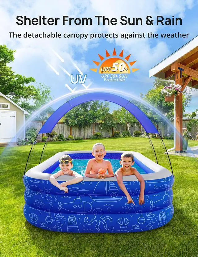Alt view image 4 of 6 - Large Inflatable Swimming Pool with Canopy, 150 x 70 x 20 Full-Sized Inflatable Pool for Kids & Adults, Kiddie Pool with Sun Shade, Blow Up Pool for Backyard, Garden, Age 3+, Blue