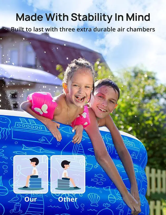 Alt view image 5 of 6 - Large Inflatable Swimming Pool with Canopy, 150 x 70 x 20 Full-Sized Inflatable Pool for Kids & Adults, Kiddie Pool with Sun Shade, Blow Up Pool for Backyard, Garden, Age 3+, Blue