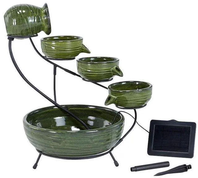 Main image of Glossy Ceramic 4-Tiered Cascade Solar-Powered Fountain with 10' Cable, Elegant Cascading Outdoor Solar Garden Fountain, Green