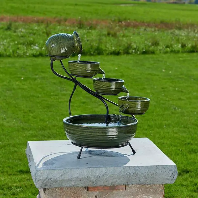 Alt view image 2 of 6 - Glossy Ceramic 4-Tiered Cascade Solar-Powered Fountain with 10' Cable, Elegant Cascading Outdoor Solar Garden Fountain, Green