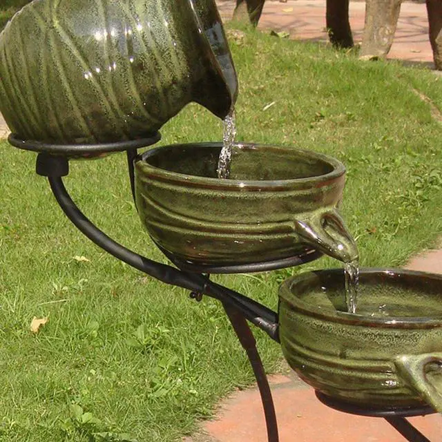 Alt view image 3 of 6 - Glossy Ceramic 4-Tiered Cascade Solar-Powered Fountain with 10' Cable, Elegant Cascading Outdoor Solar Garden Fountain, Green