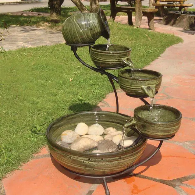 Alt view image 4 of 6 - Glossy Ceramic 4-Tiered Cascade Solar-Powered Fountain with 10' Cable, Elegant Cascading Outdoor Solar Garden Fountain, Green