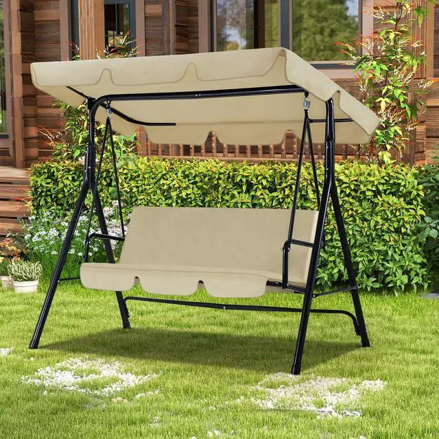 Main image of Patio Swings Outdoor, 3-Seat Glider Patio Swings with Removable Cushion and Adjustable Canopy, Porch Bench for Garden, Poolside&Backyard, Beige