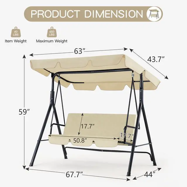 Alt view image 3 of 6 - Patio Swings Outdoor, 3-Seat Glider Patio Swings with Removable Cushion and Adjustable Canopy, Porch Bench for Garden, Poolside&Backyard, Beige