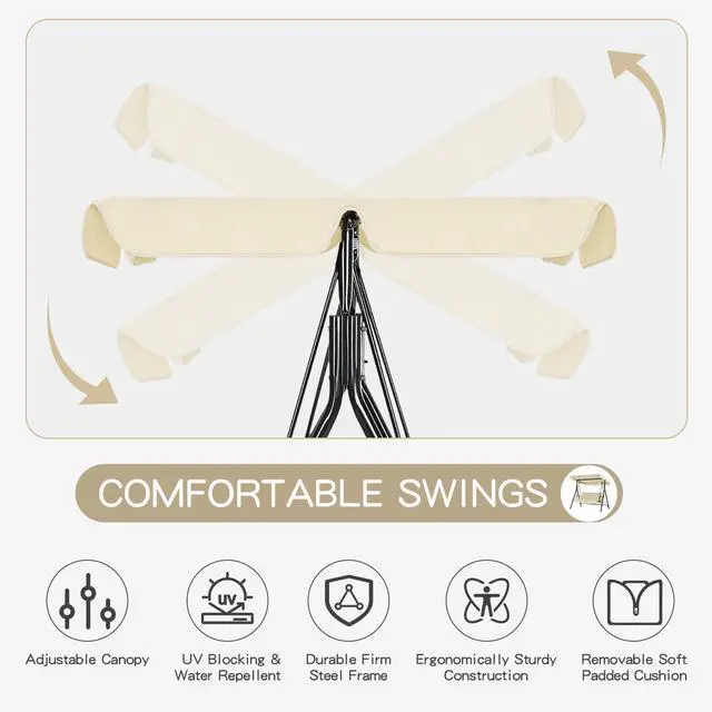 Alt view image 4 of 6 - Patio Swings Outdoor, 3-Seat Glider Patio Swings with Removable Cushion and Adjustable Canopy, Porch Bench for Garden, Poolside&Backyard, Beige