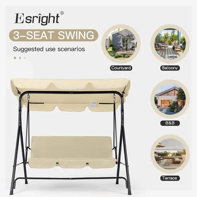 Alt view image 6 of 6 - Patio Swings Outdoor, 3-Seat Glider Patio Swings with Removable Cushion and Adjustable Canopy, Porch Bench for Garden, Poolside&Backyard, Beige