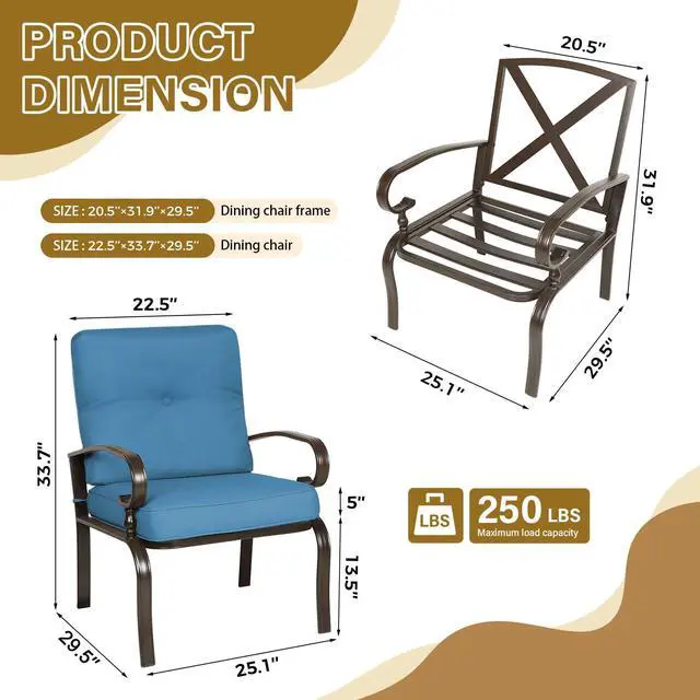 Alt view image 2 of 6 - Metal Outdoor Dining Chairs Patio Chairs Set of 2, Wrought Iron Chair Steel Frame Restaurant, All-Weather Garden Seating Chair with Arms and Seat Cushions (Peacock Blue)