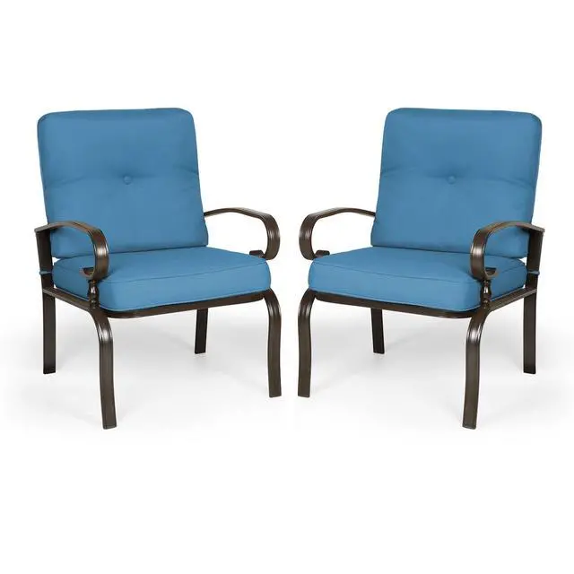 Alt view image 3 of 6 - Metal Outdoor Dining Chairs Patio Chairs Set of 2, Wrought Iron Chair Steel Frame Restaurant, All-Weather Garden Seating Chair with Arms and Seat Cushions (Peacock Blue)