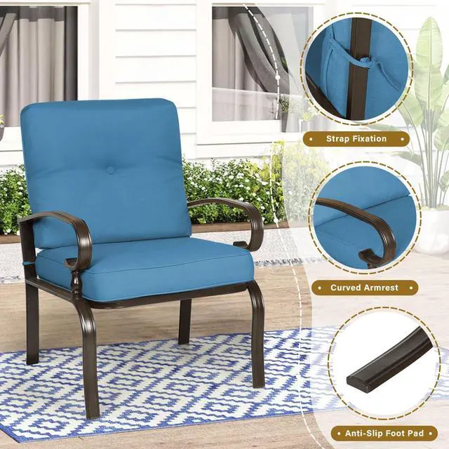 Alt view image 4 of 6 - Metal Outdoor Dining Chairs Patio Chairs Set of 2, Wrought Iron Chair Steel Frame Restaurant, All-Weather Garden Seating Chair with Arms and Seat Cushions (Peacock Blue)