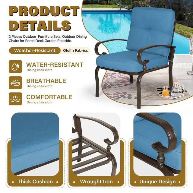 Alt view image 5 of 6 - Metal Outdoor Dining Chairs Patio Chairs Set of 2, Wrought Iron Chair Steel Frame Restaurant, All-Weather Garden Seating Chair with Arms and Seat Cushions (Peacock Blue)