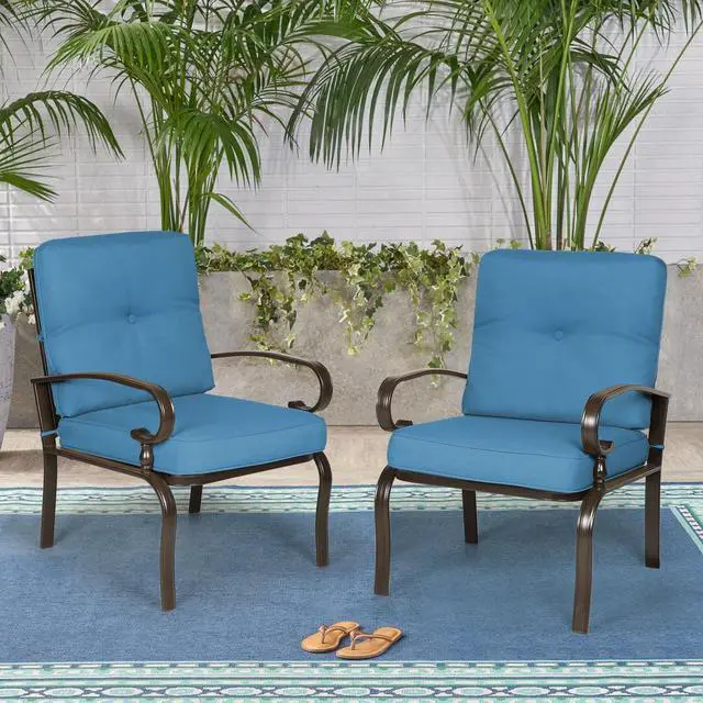 Alt view image 6 of 6 - Metal Outdoor Dining Chairs Patio Chairs Set of 2, Wrought Iron Chair Steel Frame Restaurant, All-Weather Garden Seating Chair with Arms and Seat Cushions (Peacock Blue)