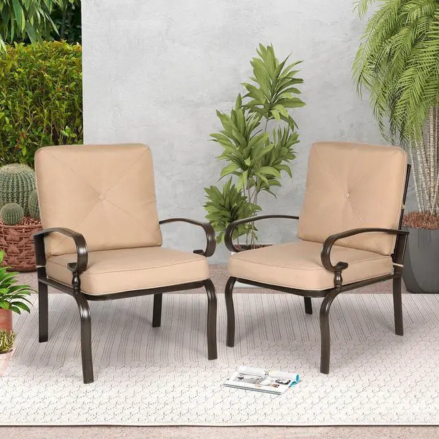 Main image of Metal Outdoor Dining Chairs Patio Chairs Set of 2, Wrought Iron Chair Steel Frame Restaurant, All-Weather Garden Seating Chair with Arms and Seat Cushions (Brown)
