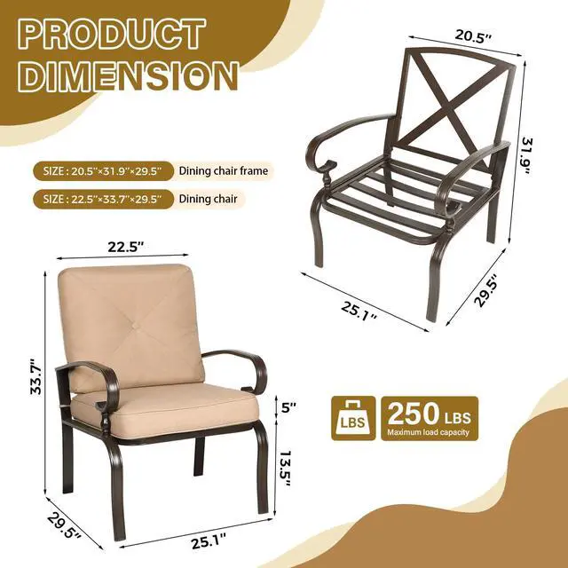 Alt view image 2 of 6 - Metal Outdoor Dining Chairs Patio Chairs Set of 2, Wrought Iron Chair Steel Frame Restaurant, All-Weather Garden Seating Chair with Arms and Seat Cushions (Brown)