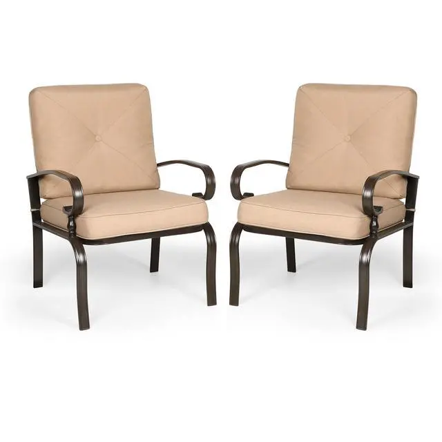 Alt view image 3 of 6 - Metal Outdoor Dining Chairs Patio Chairs Set of 2, Wrought Iron Chair Steel Frame Restaurant, All-Weather Garden Seating Chair with Arms and Seat Cushions (Brown)
