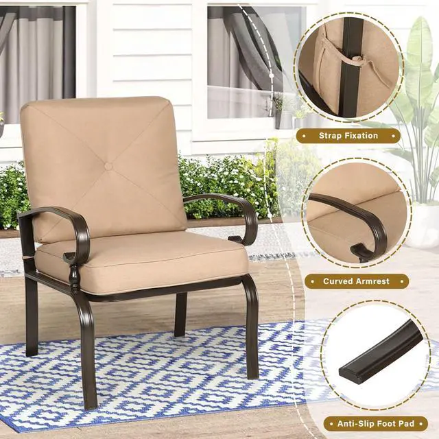 Alt view image 4 of 6 - Metal Outdoor Dining Chairs Patio Chairs Set of 2, Wrought Iron Chair Steel Frame Restaurant, All-Weather Garden Seating Chair with Arms and Seat Cushions (Brown)