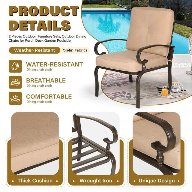 Alt view image 5 of 6 - Metal Outdoor Dining Chairs Patio Chairs Set of 2, Wrought Iron Chair Steel Frame Restaurant, All-Weather Garden Seating Chair with Arms and Seat Cushions (Brown)
