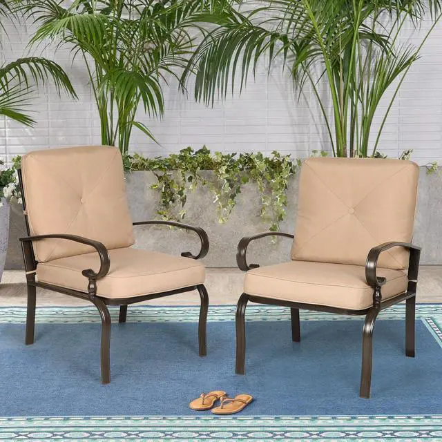 Alt view image 6 of 6 - Metal Outdoor Dining Chairs Patio Chairs Set of 2, Wrought Iron Chair Steel Frame Restaurant, All-Weather Garden Seating Chair with Arms and Seat Cushions (Brown)