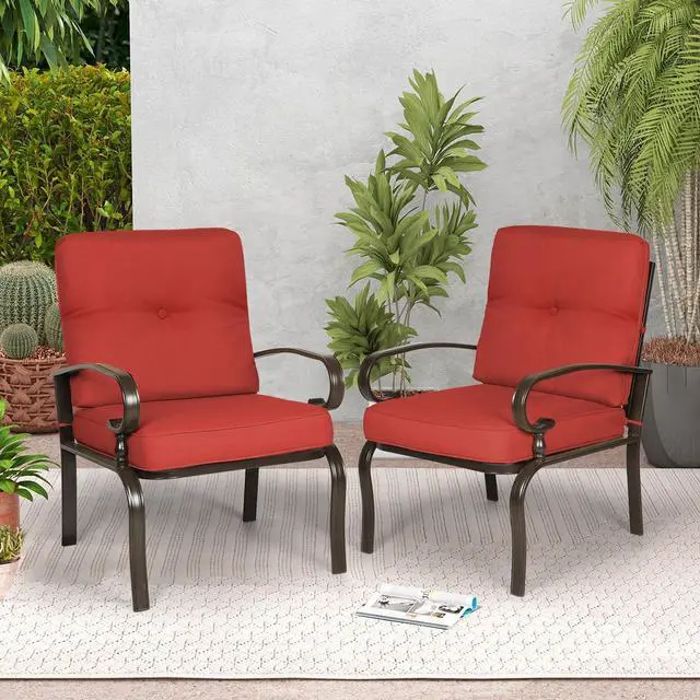Main image of Metal Outdoor Dining Chairs Patio Chairs Set of 2, Wrought Iron Chair Steel Frame Restaurant, All-Weather Garden Seating Chair with Arms and Seat Cushions (Red)