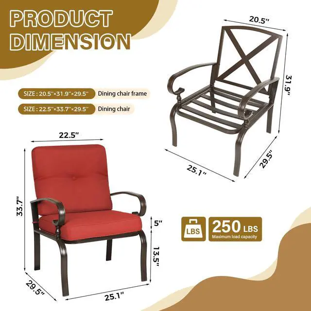 Alt view image 2 of 6 - Metal Outdoor Dining Chairs Patio Chairs Set of 2, Wrought Iron Chair Steel Frame Restaurant, All-Weather Garden Seating Chair with Arms and Seat Cushions (Red)