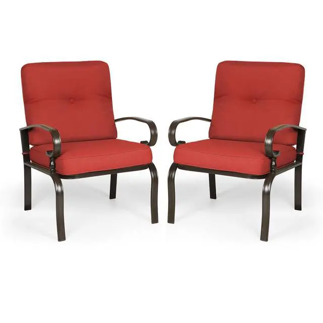 Alt view image 3 of 6 - Metal Outdoor Dining Chairs Patio Chairs Set of 2, Wrought Iron Chair Steel Frame Restaurant, All-Weather Garden Seating Chair with Arms and Seat Cushions (Red)