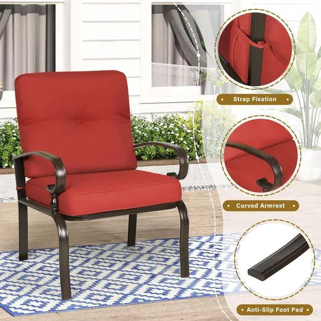 Alt view image 4 of 6 - Metal Outdoor Dining Chairs Patio Chairs Set of 2, Wrought Iron Chair Steel Frame Restaurant, All-Weather Garden Seating Chair with Arms and Seat Cushions (Red)