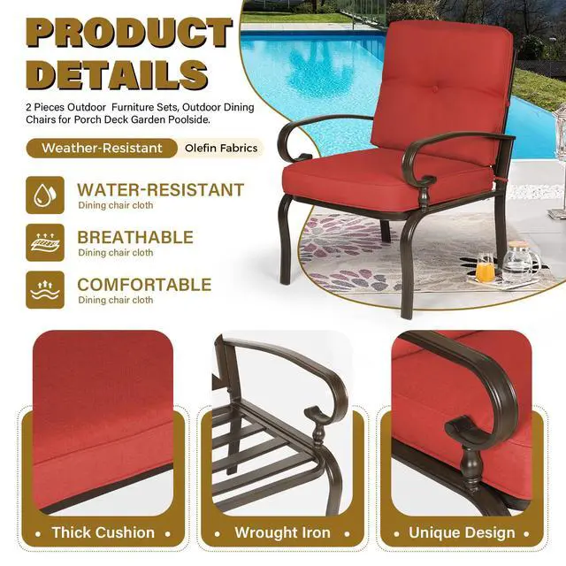 Alt view image 5 of 6 - Metal Outdoor Dining Chairs Patio Chairs Set of 2, Wrought Iron Chair Steel Frame Restaurant, All-Weather Garden Seating Chair with Arms and Seat Cushions (Red)