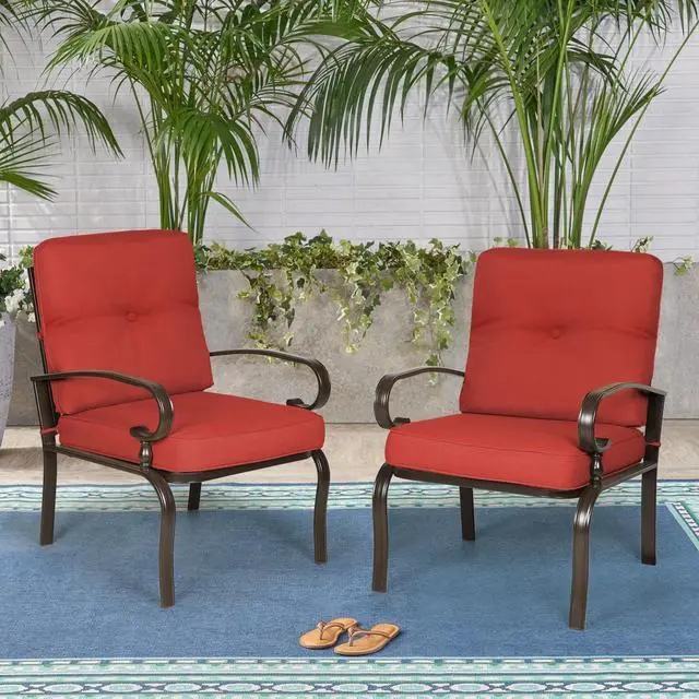 Alt view image 6 of 6 - Metal Outdoor Dining Chairs Patio Chairs Set of 2, Wrought Iron Chair Steel Frame Restaurant, All-Weather Garden Seating Chair with Arms and Seat Cushions (Red)
