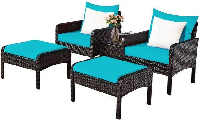Main image of 5 Pieces Wicker Patio Furniture Set, PE Rattan Outdoor All Weather Cushioned Sofas and Ottoman Set, 2-Person Outside Conversation Set for Lawn, Poolside, Yard, Balcony, Deck (Turquoise)