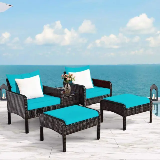 Alt view image 2 of 6 - 5 Pieces Wicker Patio Furniture Set, PE Rattan Outdoor All Weather Cushioned Sofas and Ottoman Set, 2-Person Outside Conversation Set for Lawn, Poolside, Yard, Balcony, Deck (Turquoise)