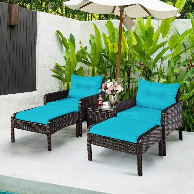 Alt view image 3 of 6 - 5 Pieces Wicker Patio Furniture Set, PE Rattan Outdoor All Weather Cushioned Sofas and Ottoman Set, 2-Person Outside Conversation Set for Lawn, Poolside, Yard, Balcony, Deck (Turquoise)