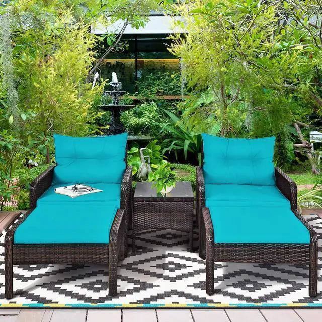 Alt view image 4 of 6 - 5 Pieces Wicker Patio Furniture Set, PE Rattan Outdoor All Weather Cushioned Sofas and Ottoman Set, 2-Person Outside Conversation Set for Lawn, Poolside, Yard, Balcony, Deck (Turquoise)