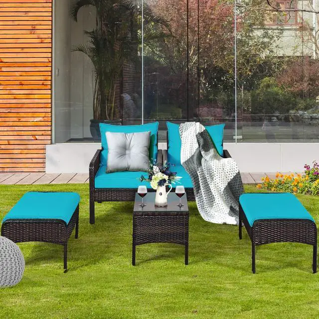 Alt view image 5 of 6 - 5 Pieces Wicker Patio Furniture Set, PE Rattan Outdoor All Weather Cushioned Sofas and Ottoman Set, 2-Person Outside Conversation Set for Lawn, Poolside, Yard, Balcony, Deck (Turquoise)