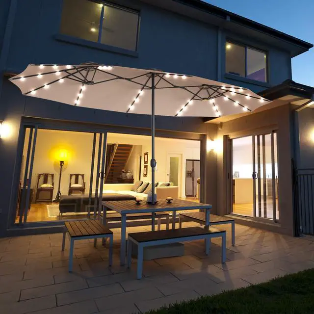 Alt view image 2 of 6 - 15 Ft Solar Patio Umbrella with Base, Extra Large Outdoor Double-Sided Twin Umbrella with 36 LED Lights & Crank Handle for Garden, Deck, Poolside, Patio (Beige)
