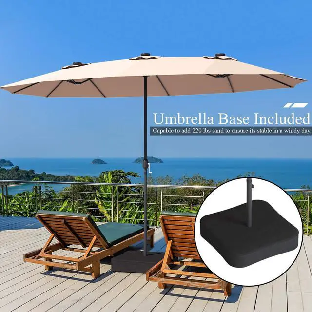 Alt view image 4 of 6 - 15 Ft Solar Patio Umbrella with Base, Extra Large Outdoor Double-Sided Twin Umbrella with 36 LED Lights & Crank Handle for Garden, Deck, Poolside, Patio (Beige)