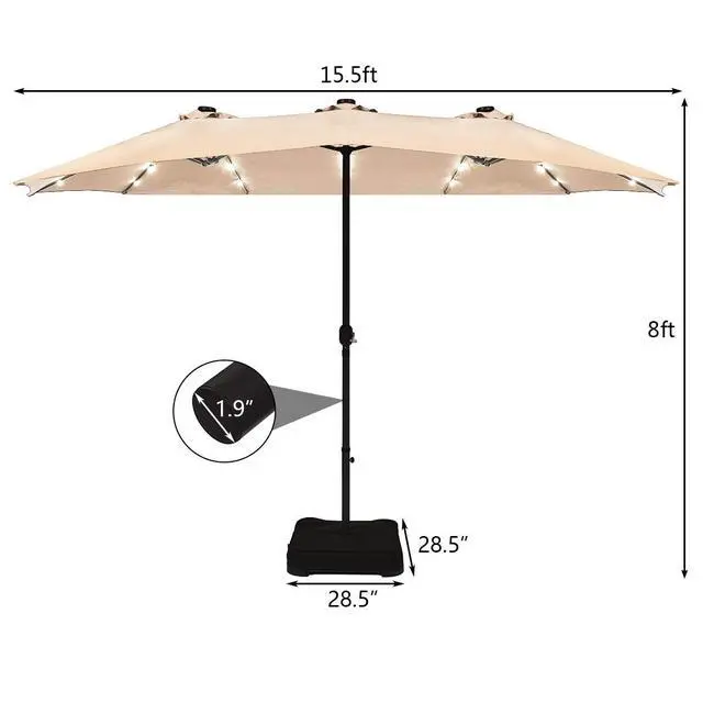 Alt view image 5 of 6 - 15 Ft Solar Patio Umbrella with Base, Extra Large Outdoor Double-Sided Twin Umbrella with 36 LED Lights & Crank Handle for Garden, Deck, Poolside, Patio (Beige)