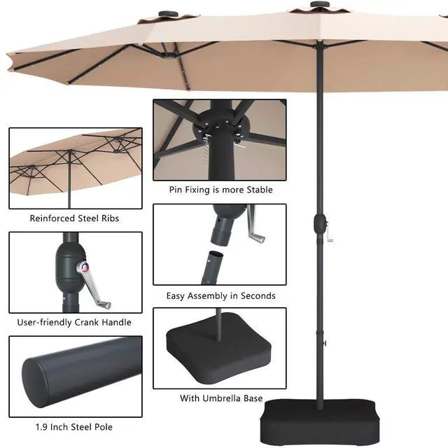 Alt view image 6 of 6 - 15 Ft Solar Patio Umbrella with Base, Extra Large Outdoor Double-Sided Twin Umbrella with 36 LED Lights & Crank Handle for Garden, Deck, Poolside, Patio (Beige)