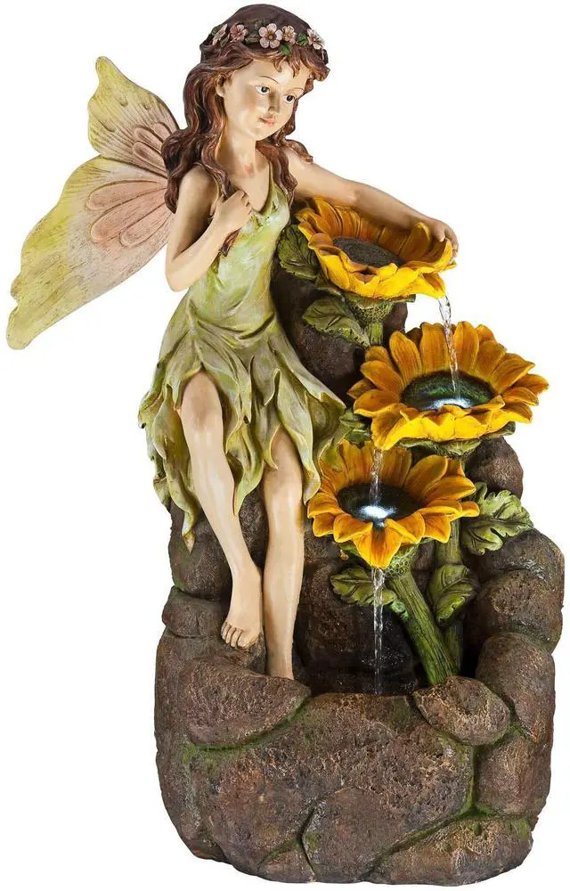 Main image of Garden Fairy with Sunflowers 26" High Large Modern Indoor Outdoor Cottage Core Decor Faux Stone Floor Fountain with Light LED Cascading Water Feature for Outside Patio Yard Backyard