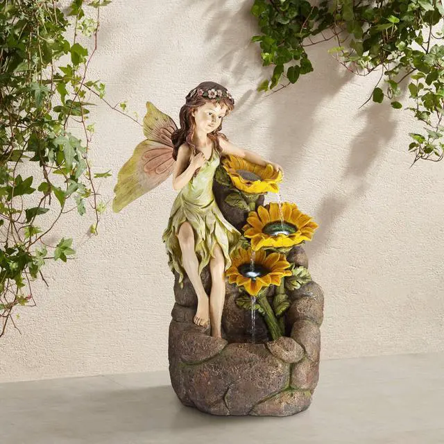 Alt view image 2 of 6 - Garden Fairy with Sunflowers 26" High Large Modern Indoor Outdoor Cottage Core Decor Faux Stone Floor Fountain with Light LED Cascading Water Feature for Outside Patio Yard Backyard