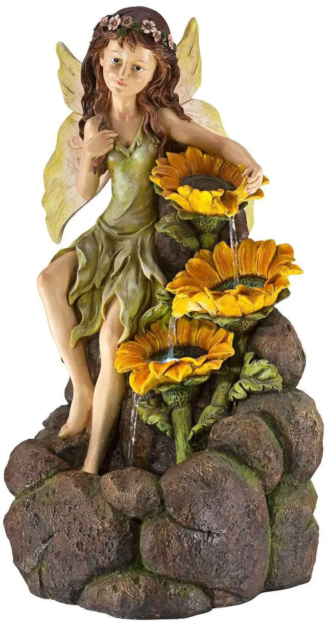 Alt view image 3 of 6 - Garden Fairy with Sunflowers 26" High Large Modern Indoor Outdoor Cottage Core Decor Faux Stone Floor Fountain with Light LED Cascading Water Feature for Outside Patio Yard Backyard