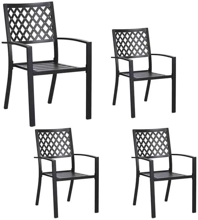 Main image of Outdoor Metal Dining Chairs, Black Wrought Iron Stacking Armchairs, Outside Seating Furniture for Patio Deck, Yard, Porch | 4 PCS | Lattice Back