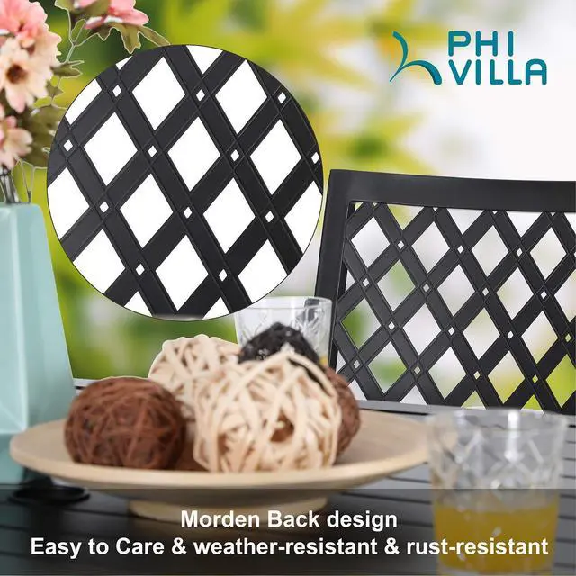 Alt view image 6 of 6 - Outdoor Metal Dining Chairs, Black Wrought Iron Stacking Armchairs, Outside Seating Furniture for Patio Deck, Yard, Porch | 4 PCS | Lattice Back
