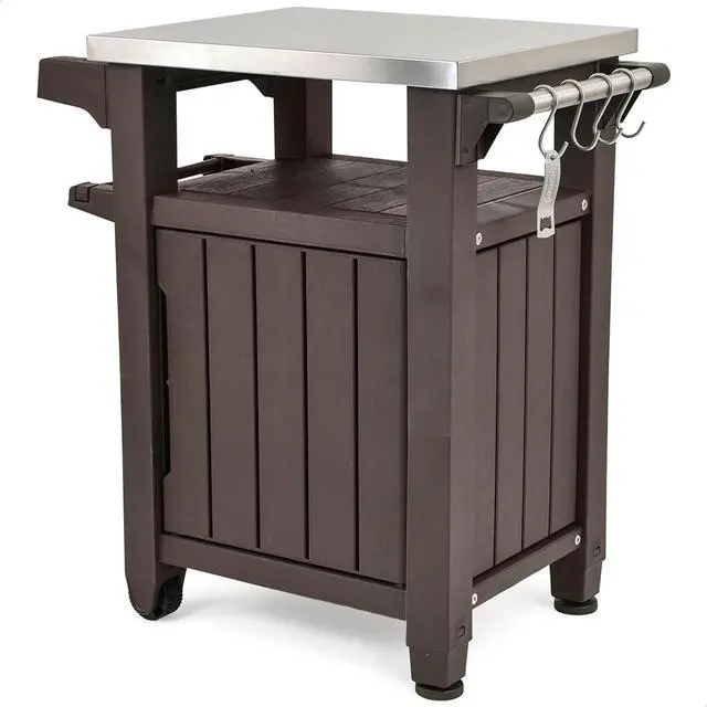 Main image of Outdoor Grill Prep Table & Serving Cart, Stainless Steel Top, Unity, 40 Gal, Brown - Portable Bar Table and Cooking Accessory for Pool, Patio, Lawn, and Backyard