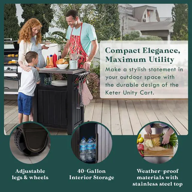 Alt view image 3 of 6 - Outdoor Grill Prep Table & Serving Cart, Stainless Steel Top, Unity, 40 Gal, Brown - Portable Bar Table and Cooking Accessory for Pool, Patio, Lawn, and Backyard