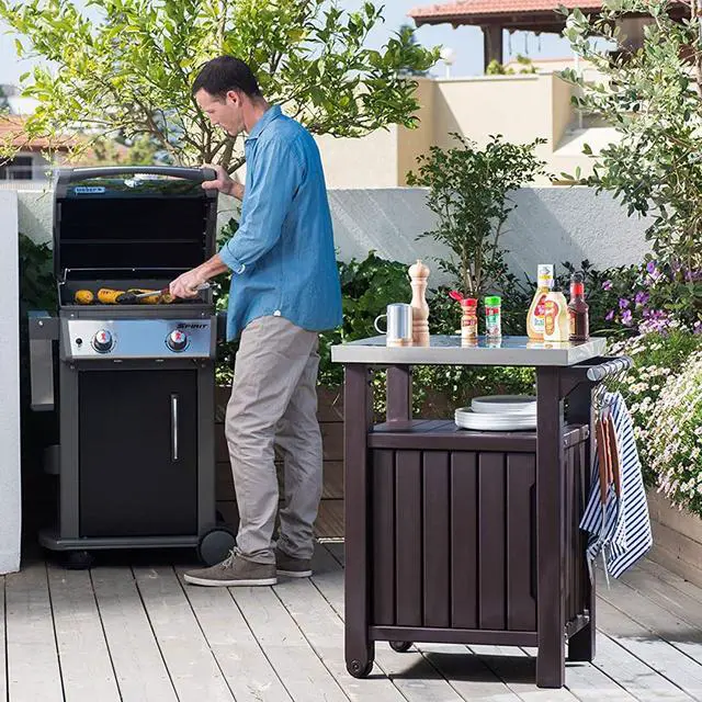 Alt view image 5 of 6 - Outdoor Grill Prep Table & Serving Cart, Stainless Steel Top, Unity, 40 Gal, Brown - Portable Bar Table and Cooking Accessory for Pool, Patio, Lawn, and Backyard